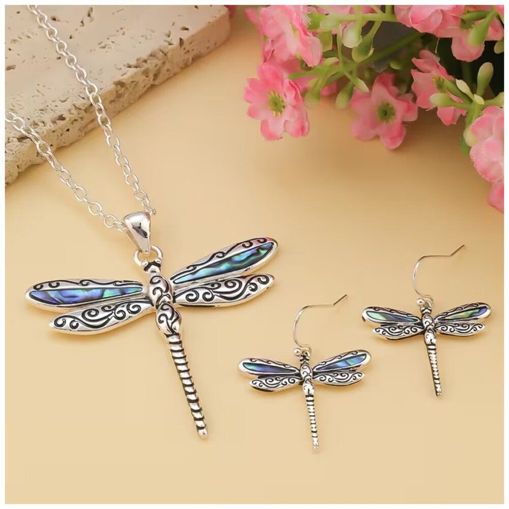 Bohemian Abalone Shell Accent Dragonfly Jewelry Set Artistic Earring & Necklace